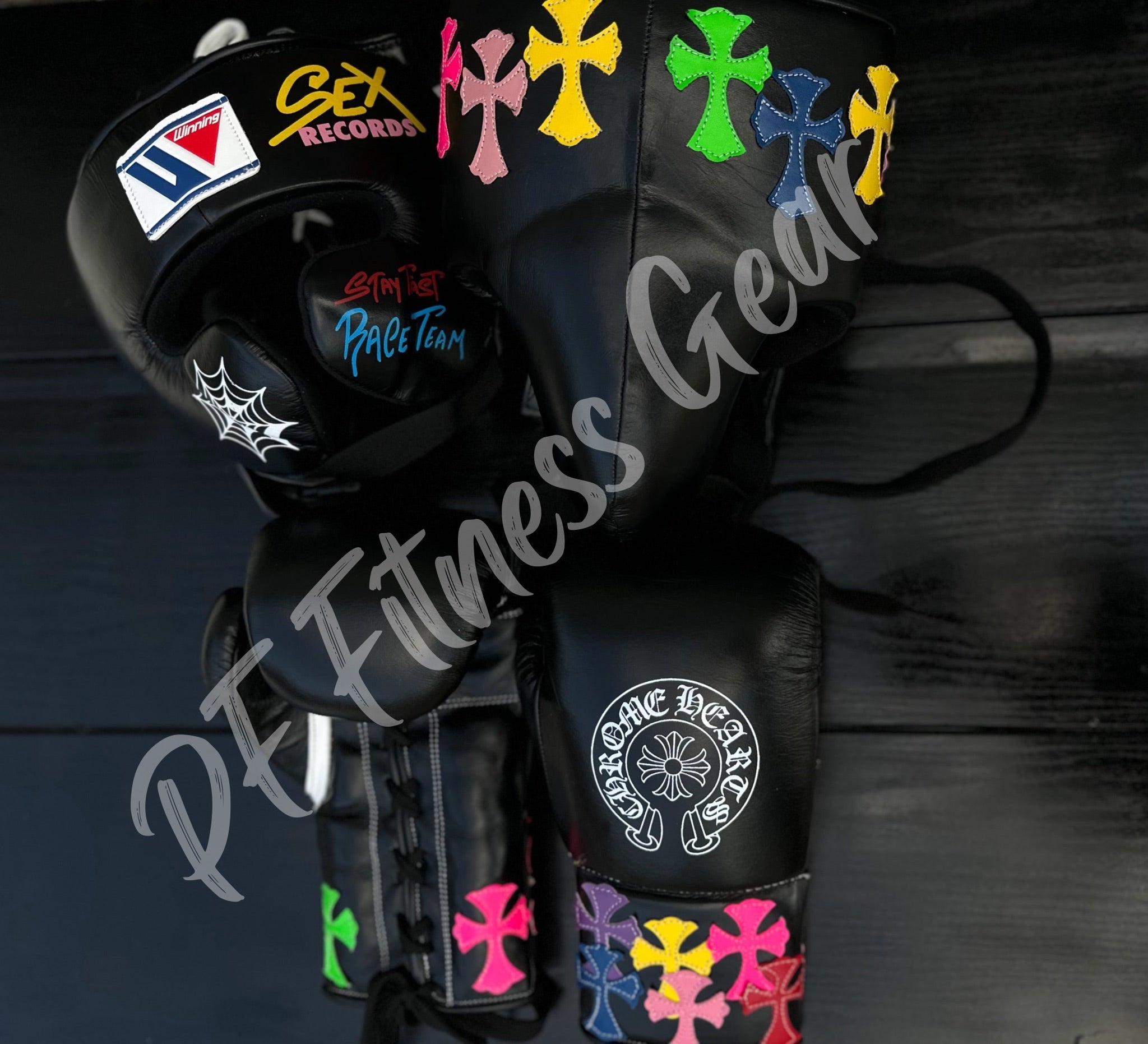 Winning Cross Boxing Gloves set Black Leather laceup